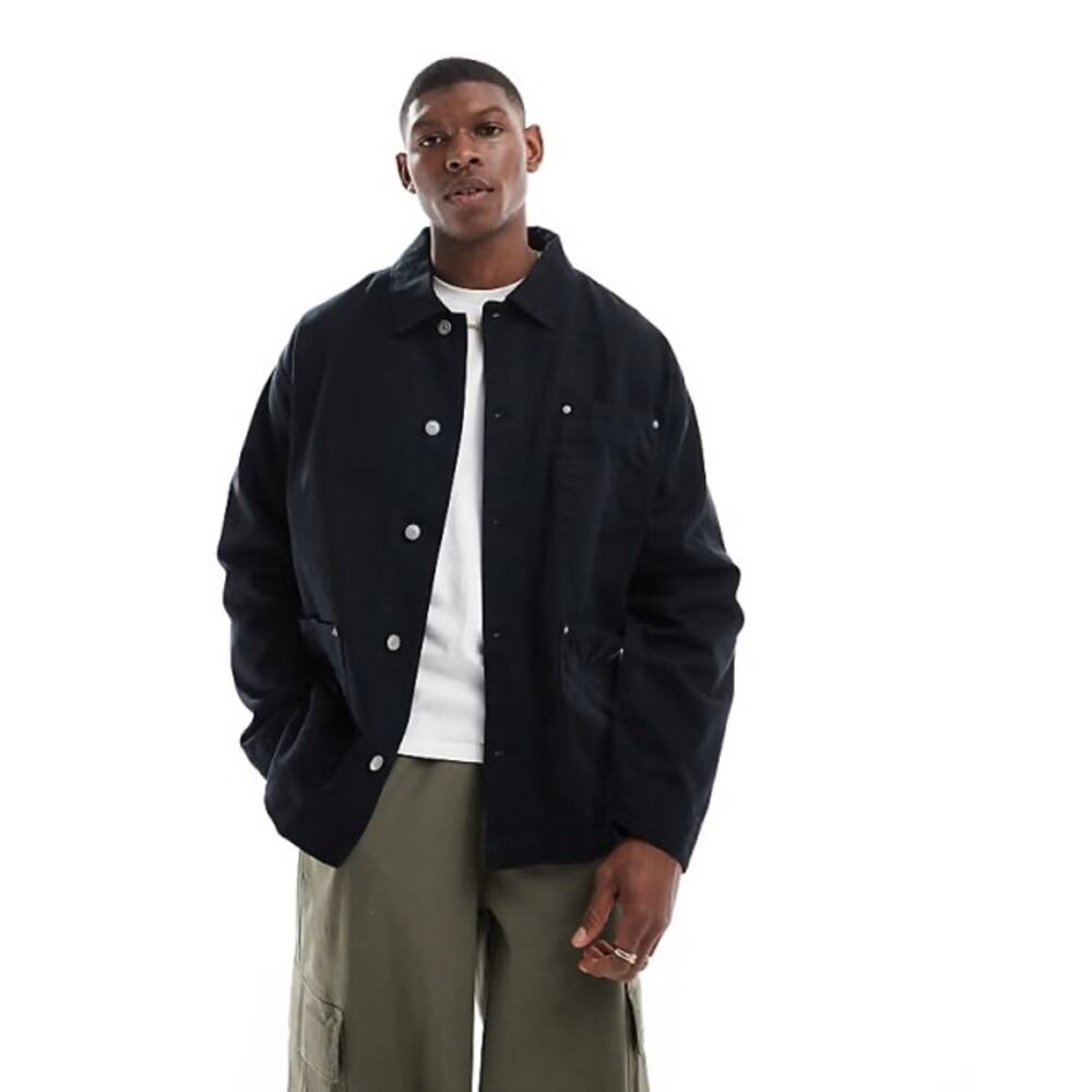 NWT ASOS DESIGN Washed Twill Worker Jacket Black Size US 26 Utility Oversized
